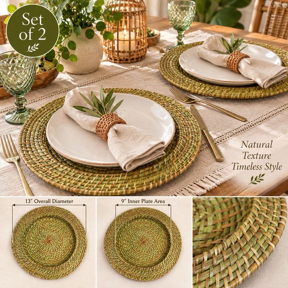 Vintage Woven Rattan Chargers Set of 2 Green Brown Boho 13in Round Plate Holders